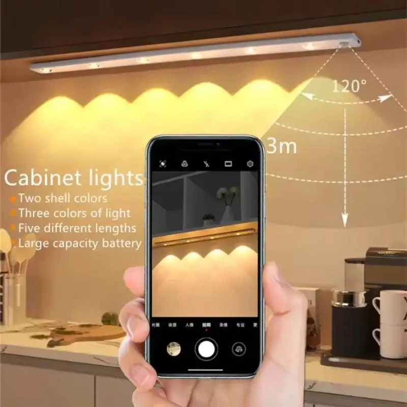 Motion Sensor Tri Color Dimmable LED Night Light USB Rechargeable Lamp For Kitchen Wardrobe Cabinet Lighting 20cm/40cm/50cm LEDs