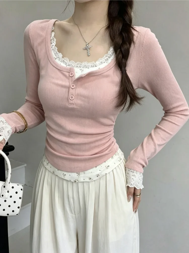 New Sweet Preppy Autumn Fake Two-piece Long Sleeve Women's T-shirts Casual Slim Chic Woman Tops Spring Lace Clothes Tees
