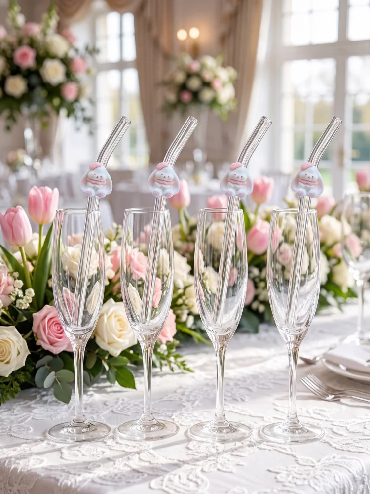 2/5/7PCS Bunny Glass Straw, Party Table Accent, Presents for Dates & Holiday Seasons，Valentine, wedding , Halloween, Christmas