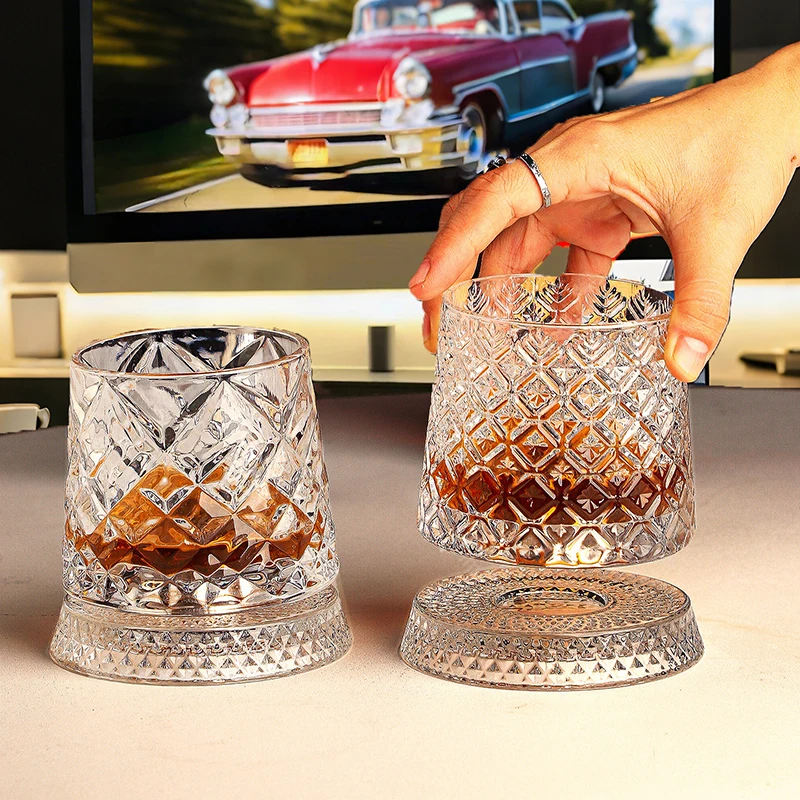 2026 New Whiskey Glasses Rotating Whisky Glass with Glass Base 360 Rotate Degrees Crystal Rum Glass for Cocktail Party Drinking