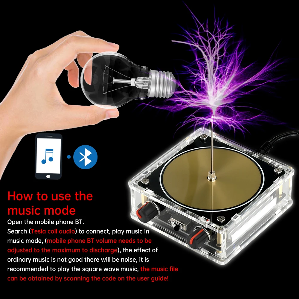 Touchable Tesla Coil BT Music Box Artificial Lightning Adjustable Arc Physics Experiment Teaching Tool AC110-240V