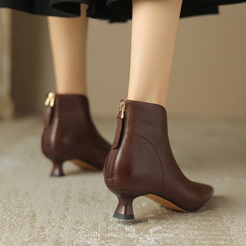 NEW Autumn Women Boots Genuine Leather Shoes for Women Pointed Toe Kitten Heel Ankle Boots Elegant Winter Thin Heel Women Shoes