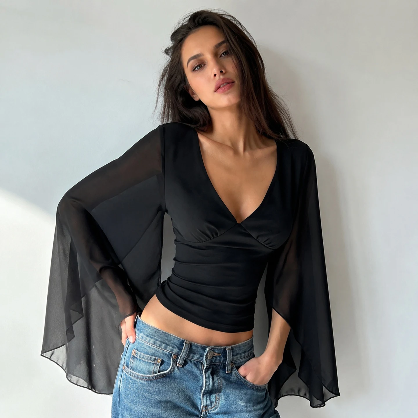 [RUOKE] Elegant Blouse For Women V-neck Chiffon Semi-sheer Flare Sleeve Slim Long Sleeve Top Office Lady Spring Fall Halloween