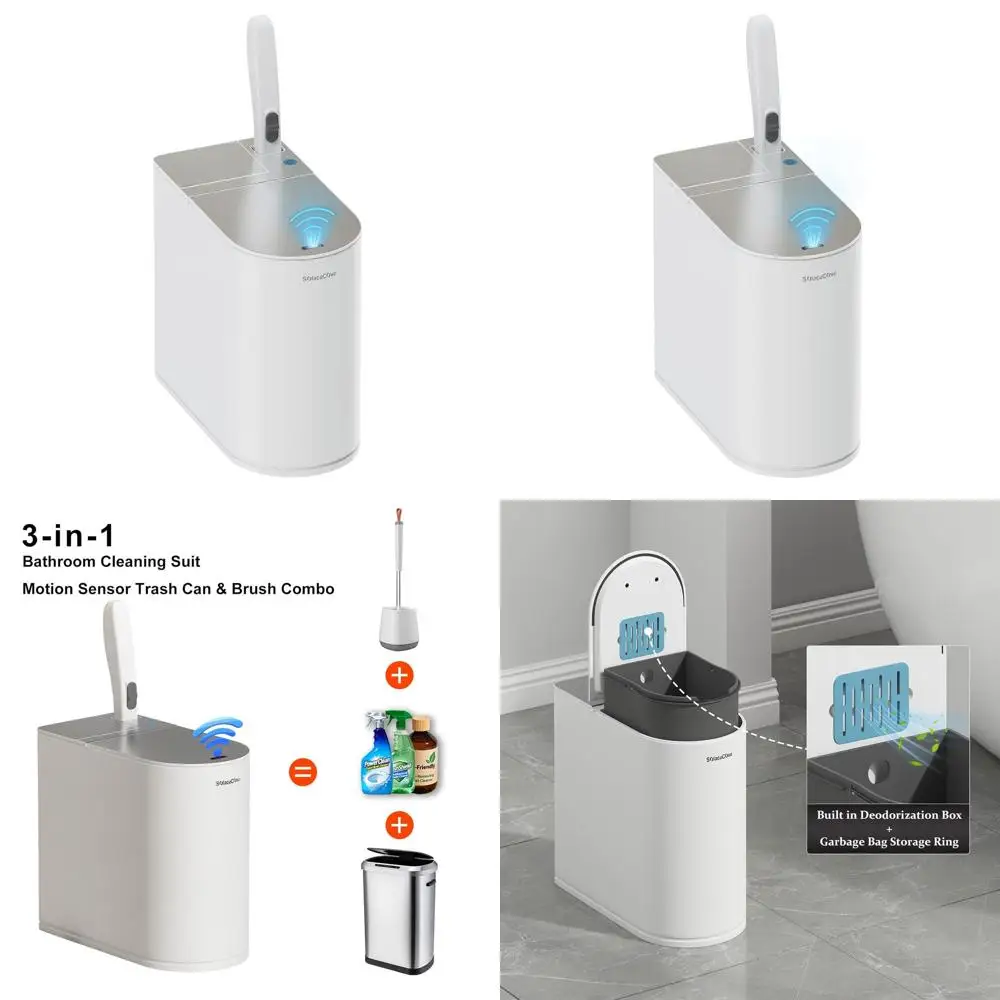 

Motion-Activated 1.8 Gallon Stainless Steel Trash Can with Lid, Toilet Brush Holder, and Odor Filter for Small Bathrooms