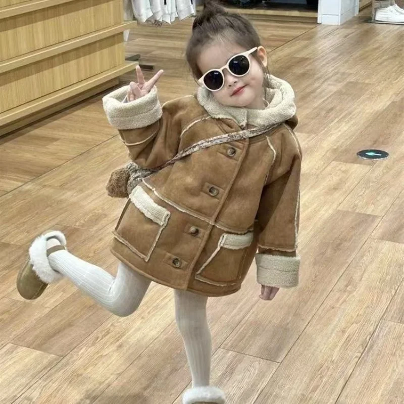 New Korean Kids' Maillard Coat: Double-Sided Lamb Wool & Fur Reversible Jacket for Boys & Girls, Trendy Winter Wear