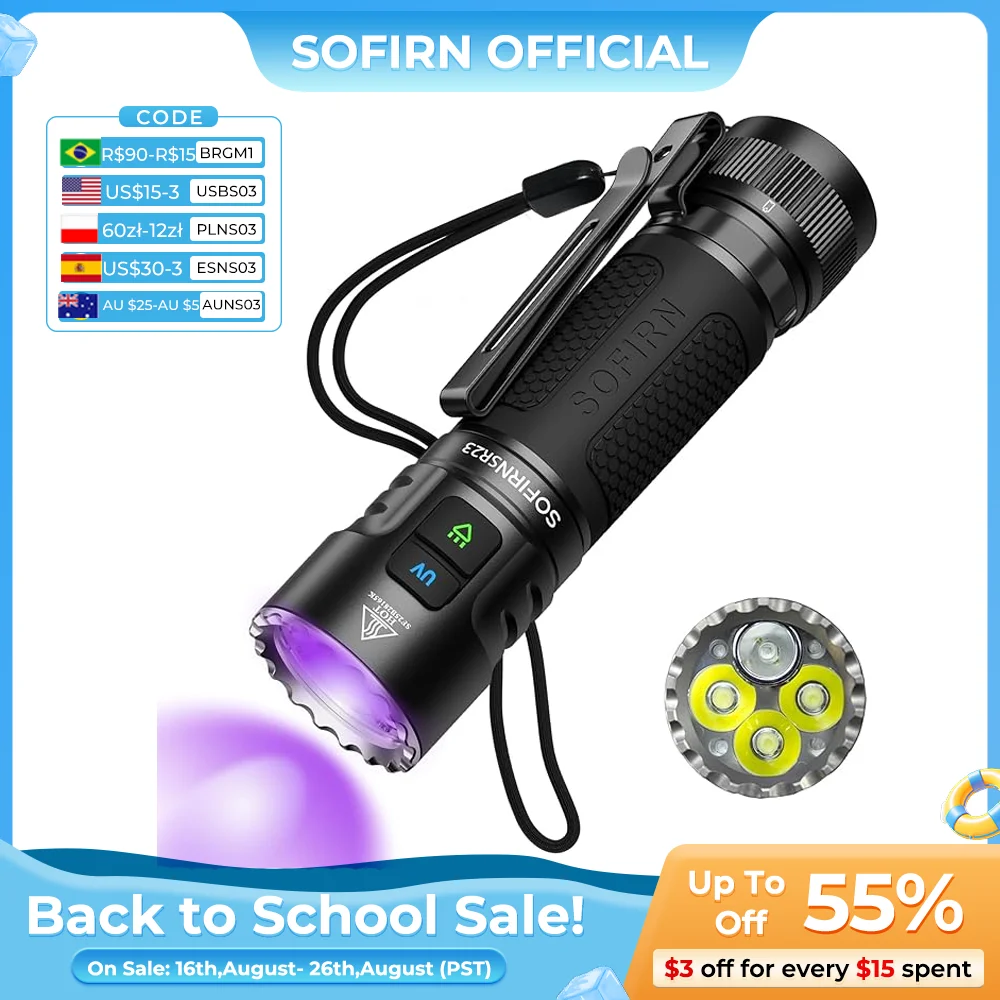 Nova lanterna macia sr23 3300lm 6500k uv 365nm edc luz 21700 usb c recarregável interruptor duplo tocha com tampa traseira magnética