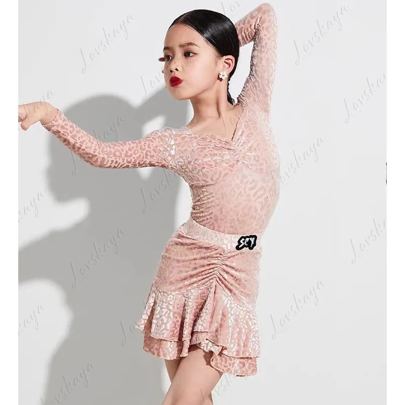 Children's Latin Dance Costume Professional Training Performance Set Velvet Material Printed Design Fall/Winter Edition