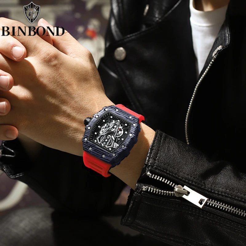 BINBOND ساعة رجالية جديدة ساخنة الاستبداد برميل منحني مرآة سطح مجوف الرياضة مقاوم للماء ساعة سيليكون كوارتز رجل ساعة اليد