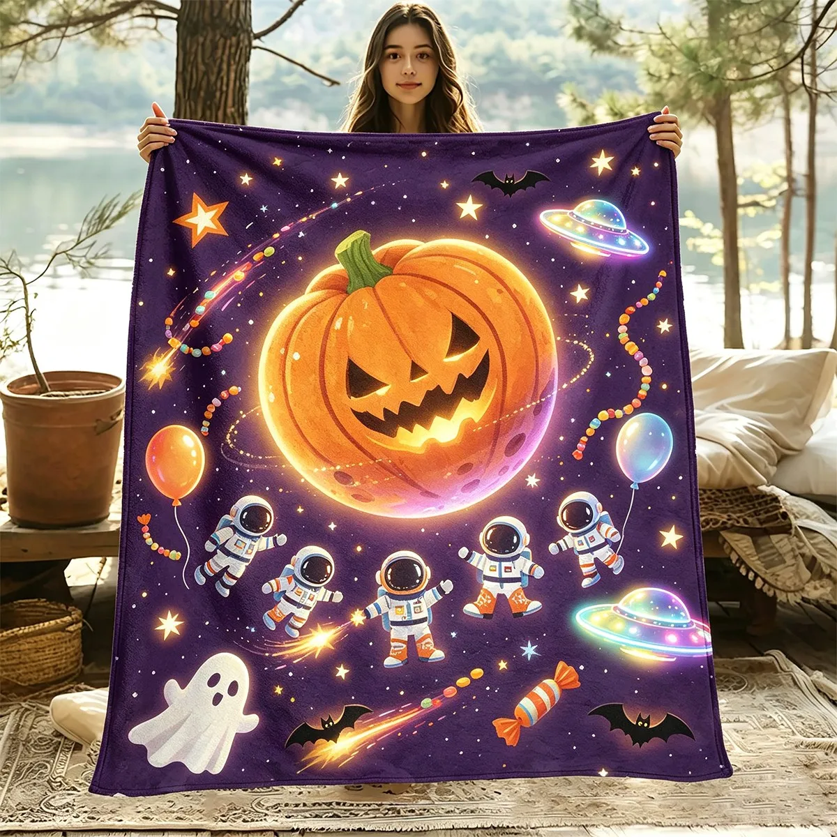 Halloween Pumpkin Planet Astronaut UFO Purple Space Flannel Throw Blanket, Spooky Galaxy Holiday Blanket for Bedroom