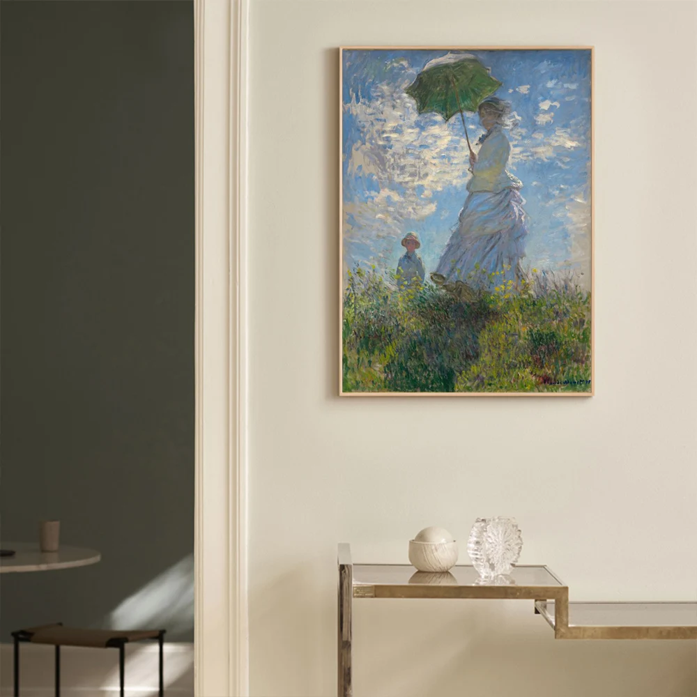 Monet Famous Woman with Umbrella Wall Art Poster Vintage Landscape Mural Home Decor Canvas Pictures Prints Living Room Decorate