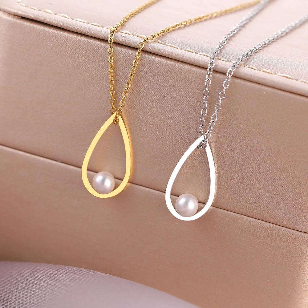 Stainless Steel Necklaces Simple Water Drop Imitation Pearl Pendants Chain Choker Fashion Necklace For Women Jewelry Party Gifts