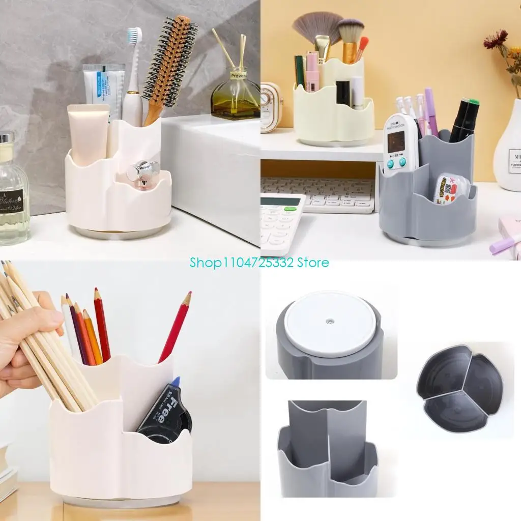 

P5EA 360° Rotating 3 Compartments Pen Holder Stand for Desk Pencil Cup Pot Desk Makeup Brush Holder