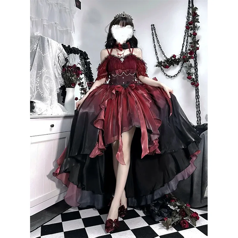 Vestido de princesa esponjoso de Lolita para mujer, vestido de boda de flores rojas grandes y encantadoras