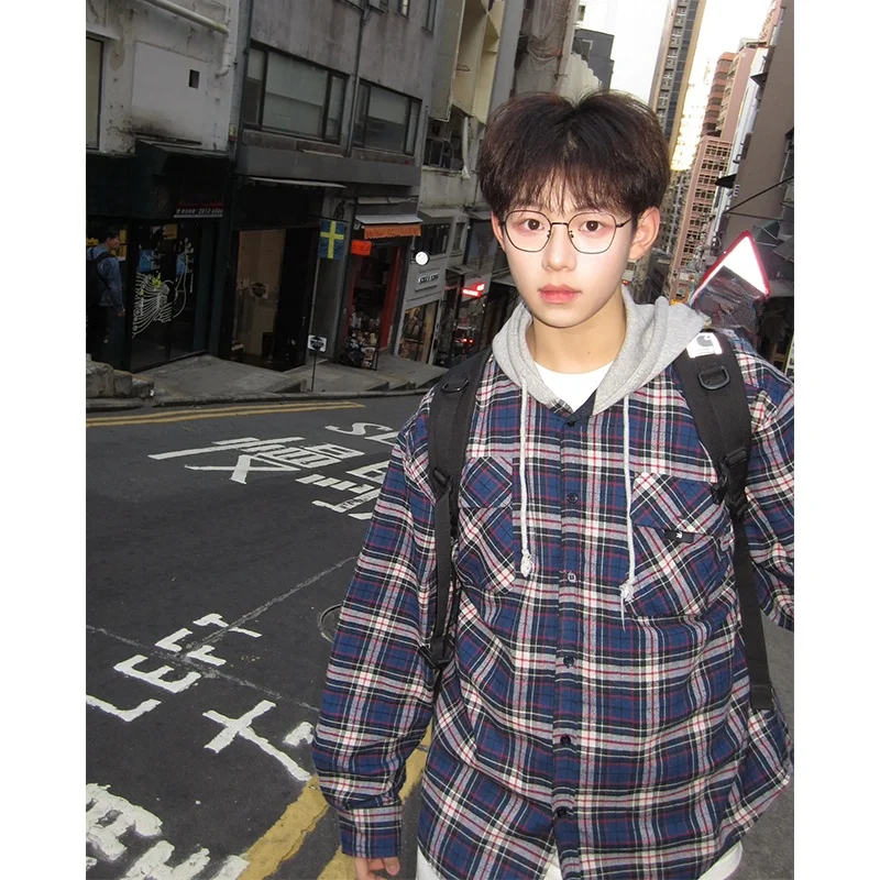 

American Retro Plaid irt Hat Men's Spring High Sense Vintage Blue Coat Youth Trend Polyester Fiber Long Sve Outerwear