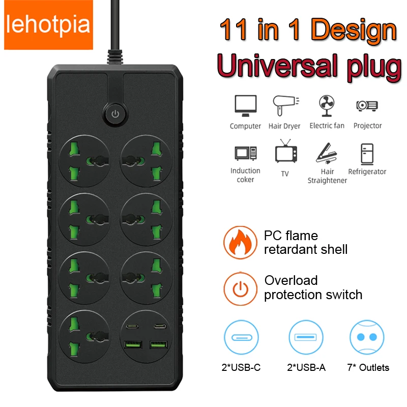 Universal Outlet Power Strip With Extension Cord USB Type-C Port For EU US UK Plug Socket Smart Home Overload Protection Adapter