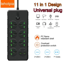 Universal Outlet Power Strip With Extension Cord USB Type-C Port For EU US UK Plug Socket Smart Home Overload Protection Adapter