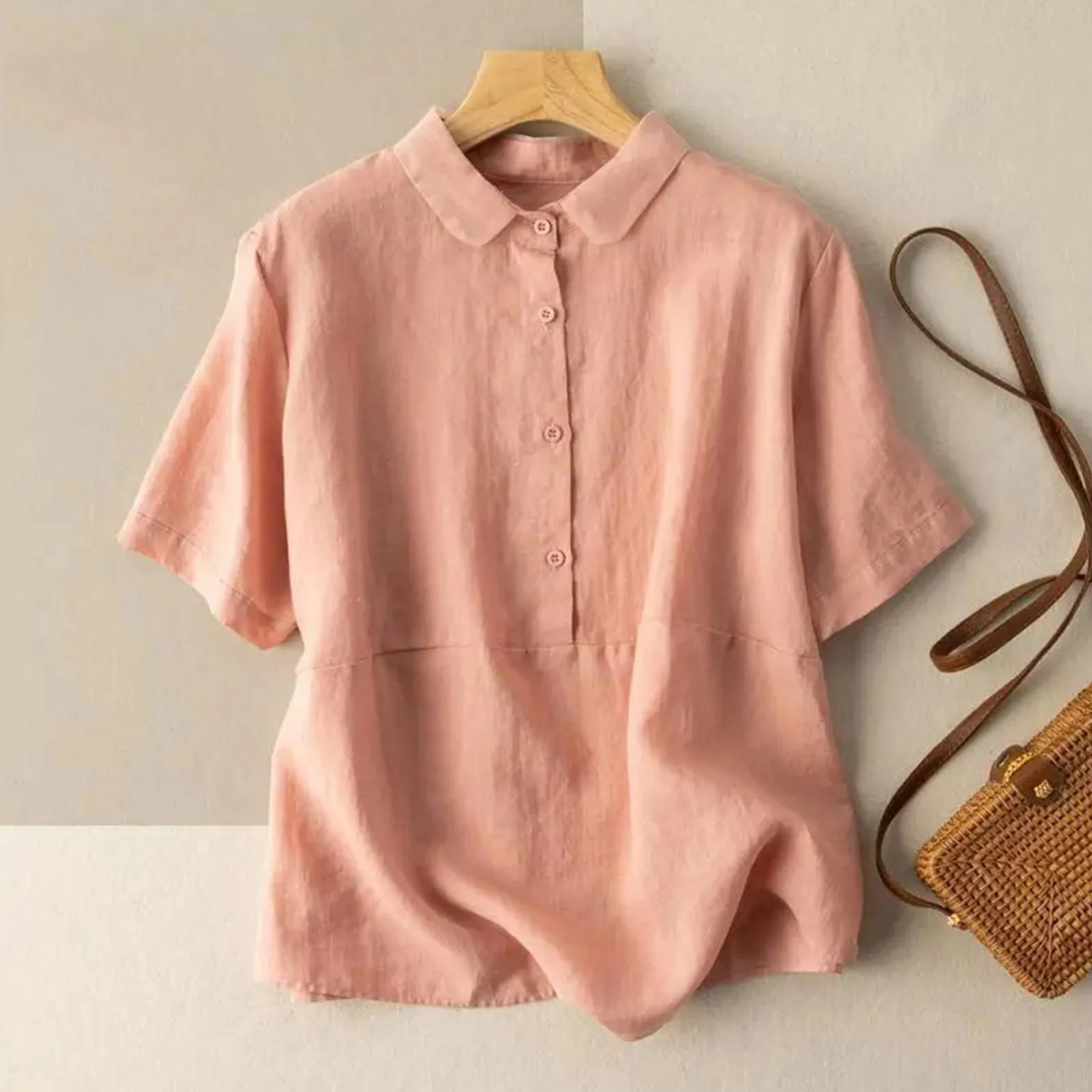 

Summer Women Lapel Neck Shirt Loose Casual Short Sleeve Peter Pan Collar Patchwork Linen Tops Vintage Female Blouse Tops