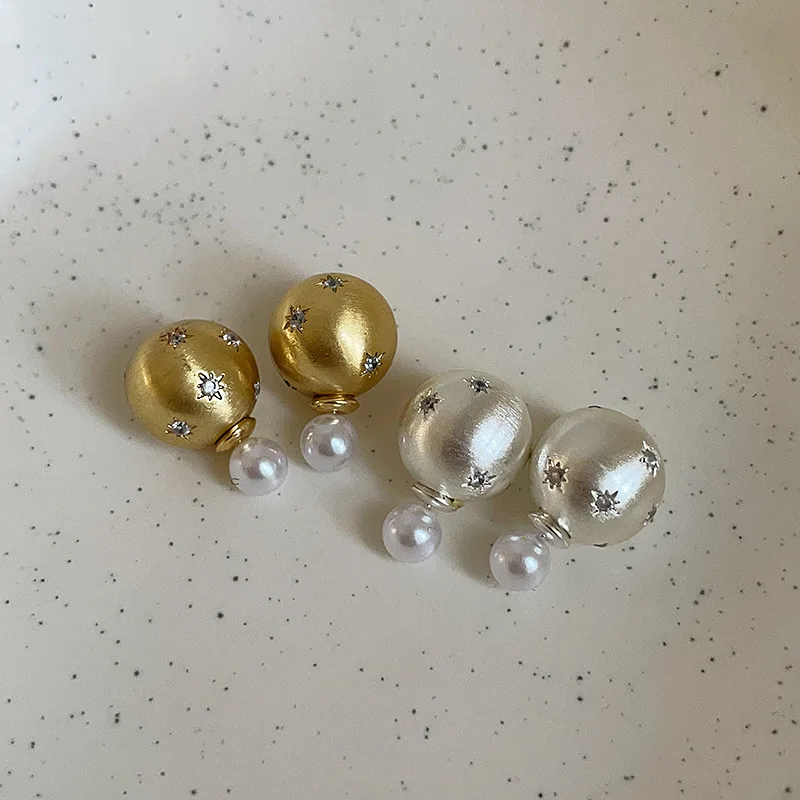 

Retro Brushed Round Ball Stud Earrings for Women Exquisite Zircon Pearl 925 Silver Needle Earrings Luxury Design Jewelry