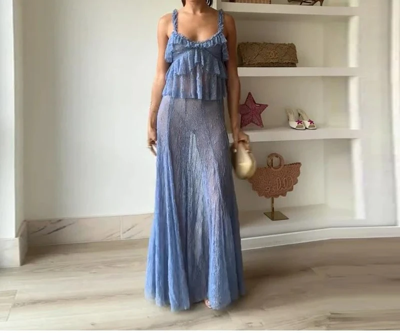 Ropa de mujer 2025, novedad de verano, conjunto de falda de medio cuerpo y Top en capas de encaje transparente