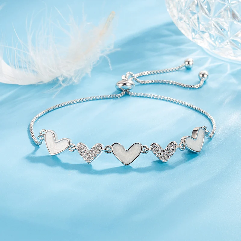 Autumn Winter New Love Heart Push-pull Bracelet for Women Sweet Fashion Micro Inlaid Zircon Jewelry Gift 925 Silver Bracelets