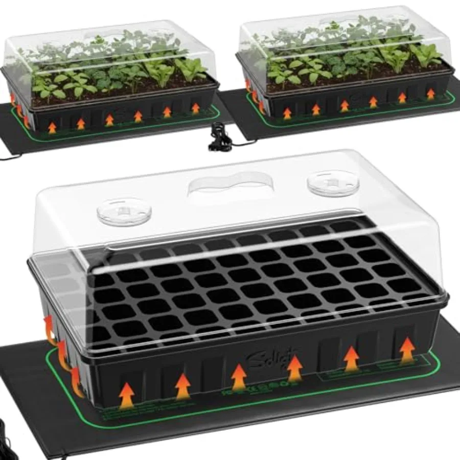 

3 Set 60-Cell Seed Starter Kit for indoor gardening: durable plastic trays, transparent humidity domes, black heat mats ideal f