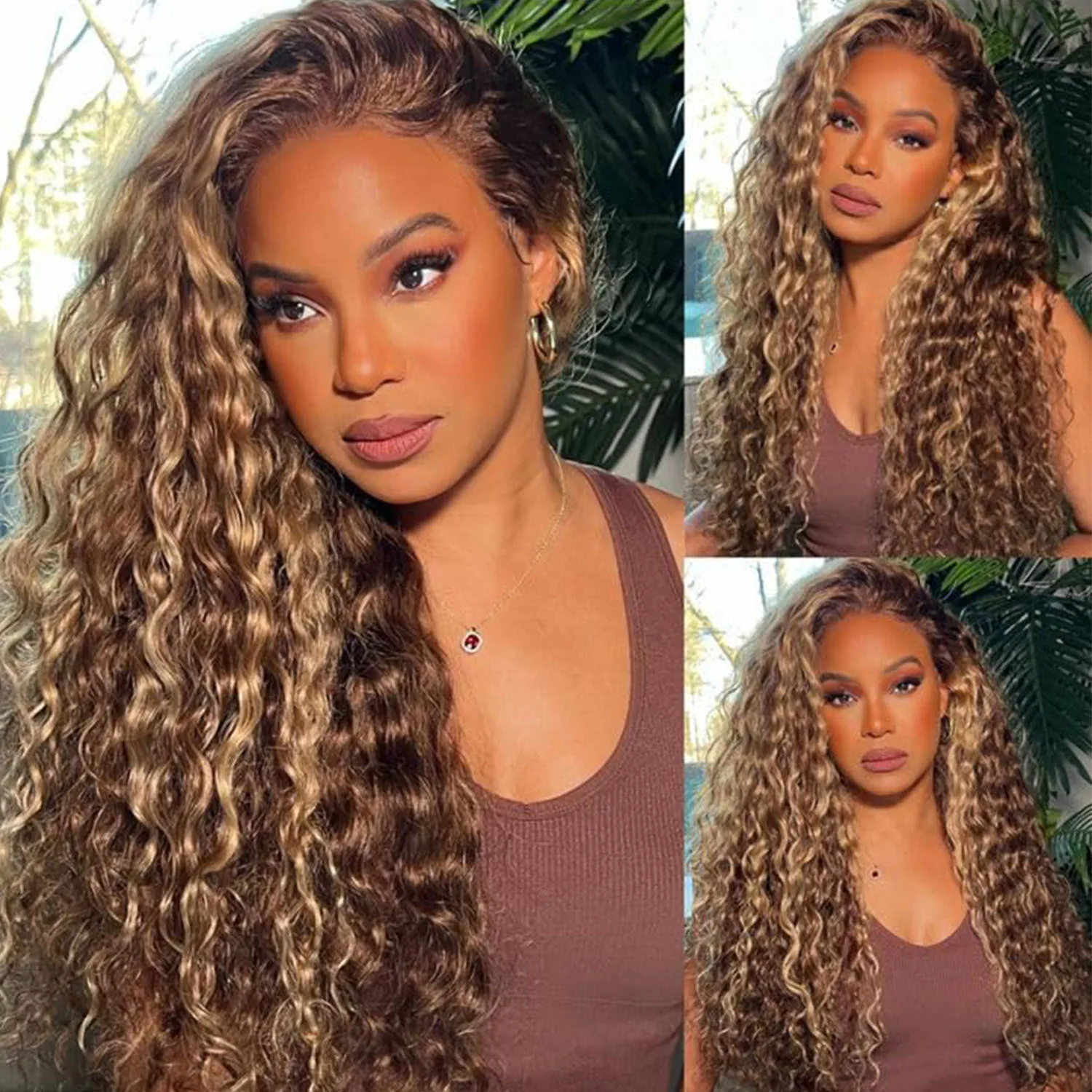 

P4/27 Deep Wave Warm Honey Brown Ombre 13x4 Frontal Lace Wig 250% Density Natural Shine 30 Inch Long Lasting Curl Daily Fashion
