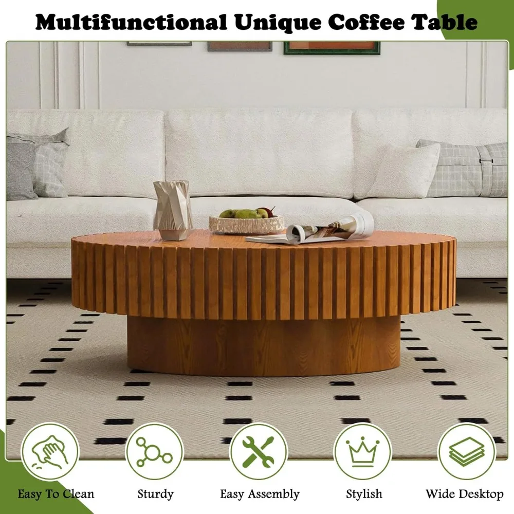 Modern Oval Fluted Coffee Table - Sturdy Pedestal Design, 43.3 Olive-Shaped Wood Drum Table for Living Room