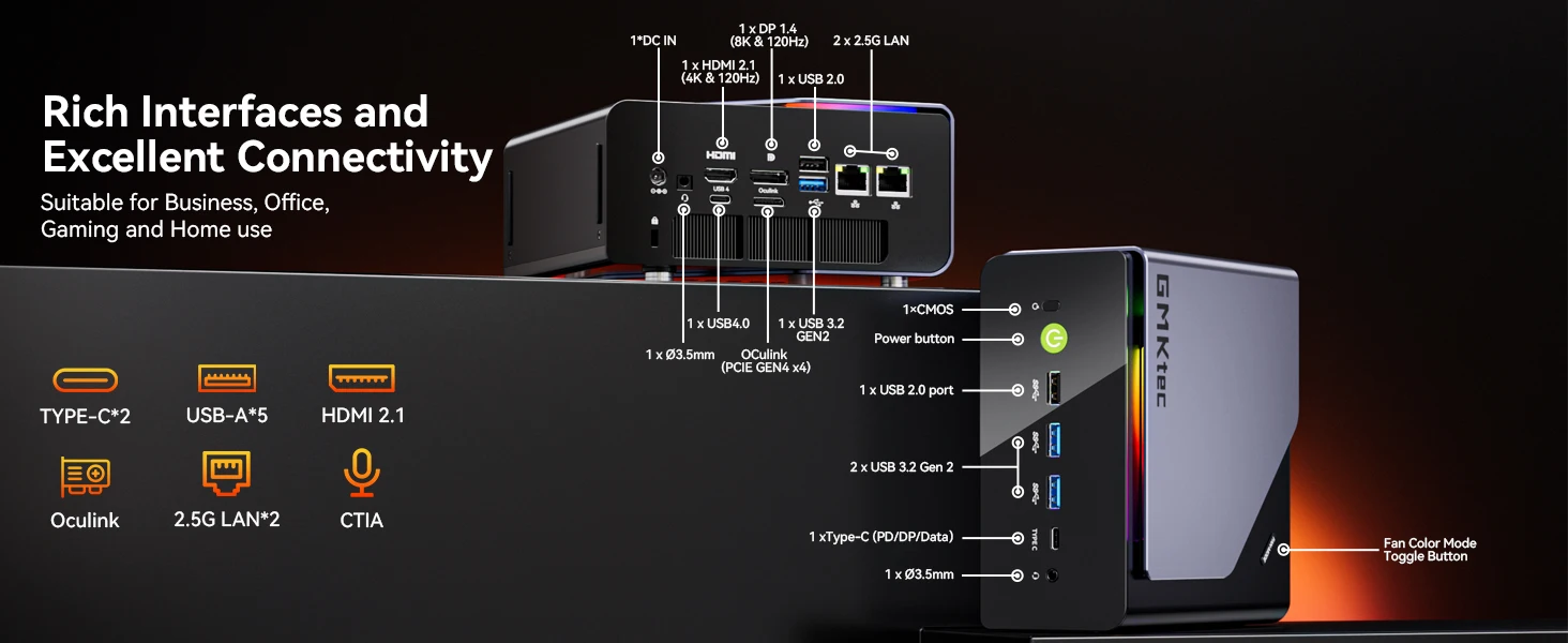 GMKtec K12 Mini PC AMD Ryzen™ 7 H 255 Dual DDR5 5600MT/s 3*SSD PCIe4.0 WiFi 6 BT 5.2 Dual 2.5G LAN OCulink Desktop Computer