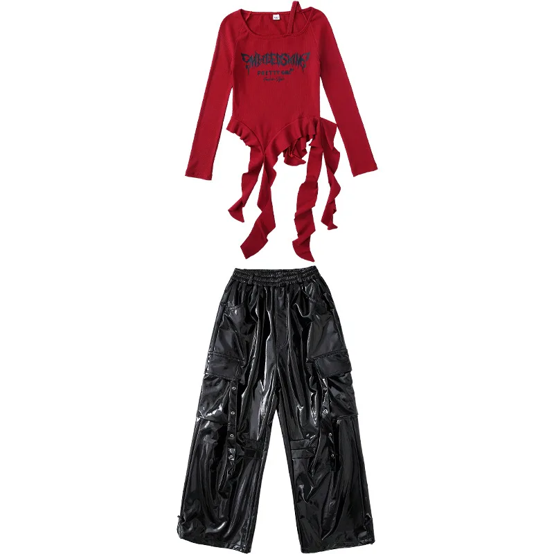 Hip Hop Cool Girls Manica lunga Top Streetwear Pantaloni in pelle brillante K-pop Abbigliamento da ballo di strada Costume da spettacolo teatrale di gruppo