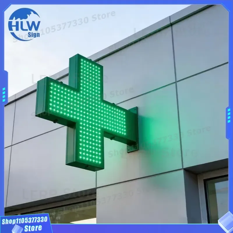 LED Pharmacy Cross Sign Weather Resistant Outdoor Hospital Drugstore Light Box Waterproof Green Red Double Sided Display