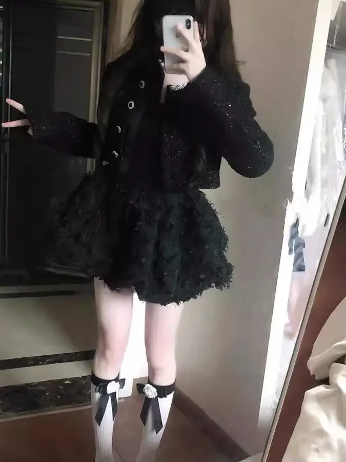 

Shiny Princess Style Two-Piece Set Short Flared Skirt And Crop Top Women's Fashion Autumn Winter Luxe Look Black Dress