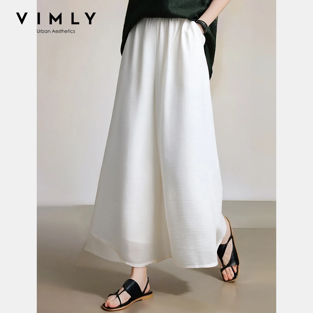VIMLY White Nine Point Trousers Women's 2025 Summer Casual Straight Wide Leg Elegant Pants Front Pockets Woman Clothing A2190