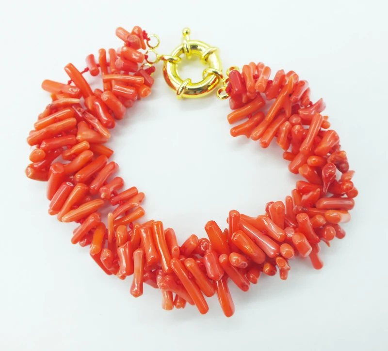 Coral Bracelet  !  Classic 3 strands of natural irregular orange coral bracelet  9.5\