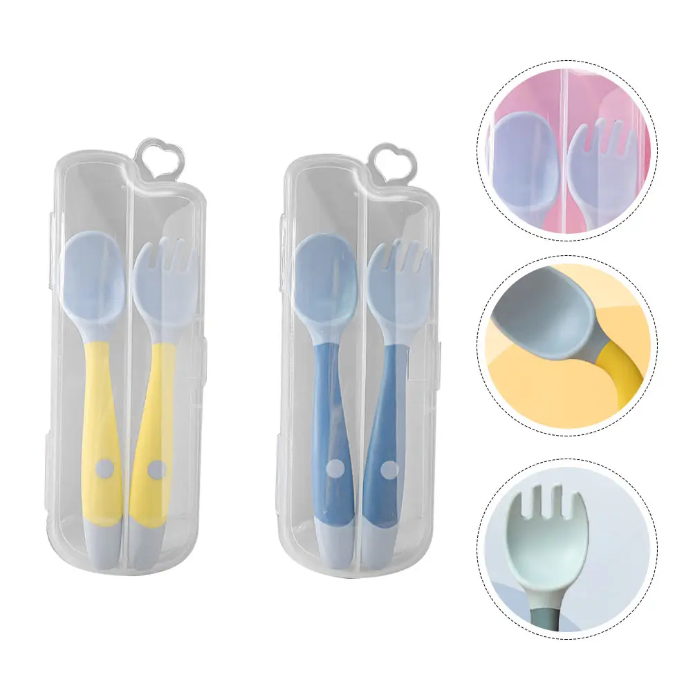 

Baby Spoon Fork 2 Sets Infant Eating Silicone Spoons Tableware Bendable Toddler Durable Food Grade Safe PP TPE Material Compact