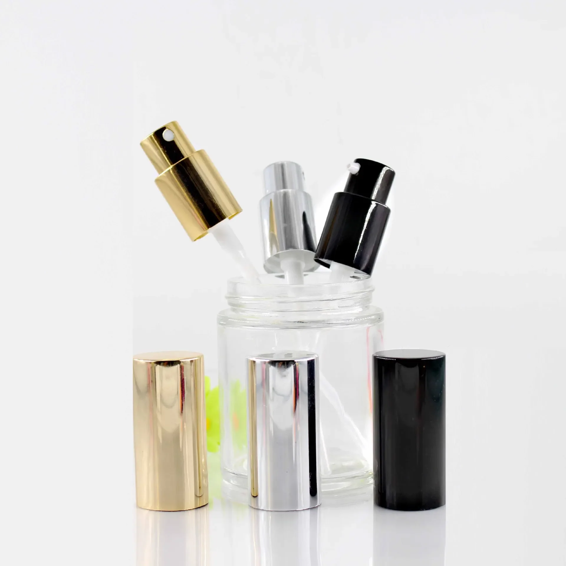 หมวกเงิน สีดํา ทอง ฝาอลูมิเนียม สเปรย์ปั๊ม ฝาครอบหัว ขวดแก้ว เครื่องพ่นน้ําหอมที่ใช้บังคับ, ปั๊มสเปรย์หมอกละเอียดพร้อมฝาปิด