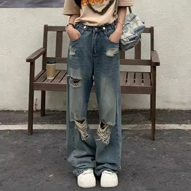 American retro ripped women's straight leg wide leg jeans casual street style blue washed jeans, size reference size chart