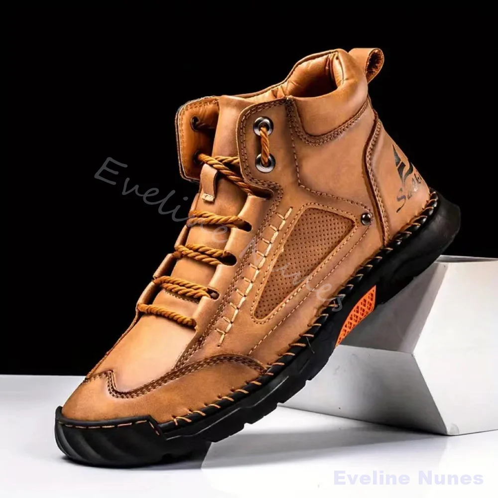 Men Brown Hand Stitched Leather Ankle Boots Round Lace Up Anti Slip Rubber Sole Outdoor Hiking Wear Resistant Casual Work Boots
