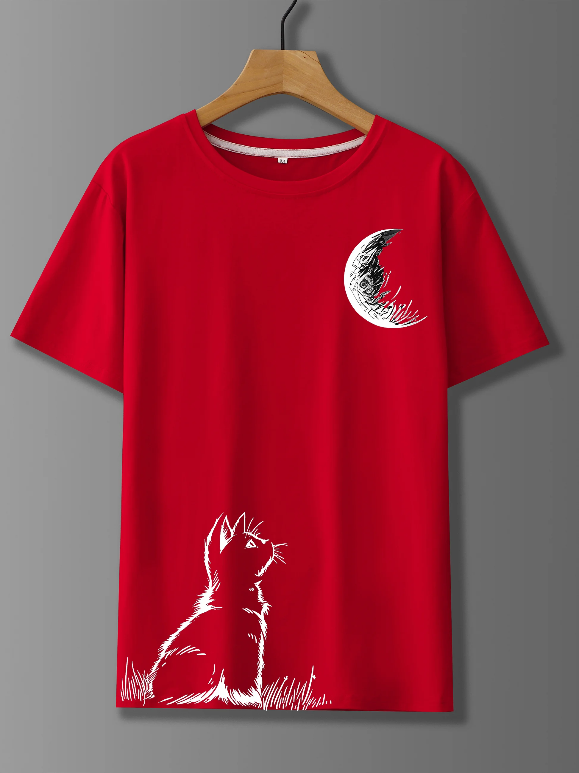 2026 New Men's Summer Cat Looking Moon Pattern Print Fashionable Casual Sports Loose Round Neck Short Sleeved Shirt