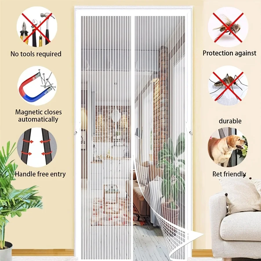 Magnetic mesh door with storage buckle design, mosquito and fly proof door curtain, ventilated and breathable