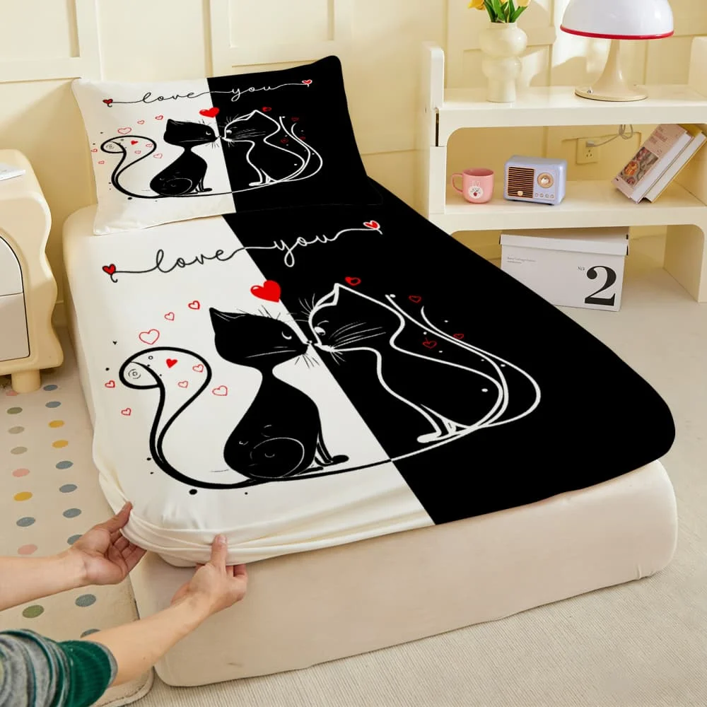 1pc Black & White Couple Cat Print Fitted Sheet Deep Pocket Elastic Mattress Cover Single Double Queen King Bedroom Decor