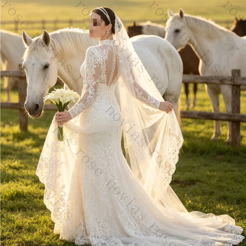 Customized Vintage Modest Bridal Gowns High Neck Long Sleeve Lace Mermaid Fit Flare Chapel Train Wedding Dresses With Lace Veil