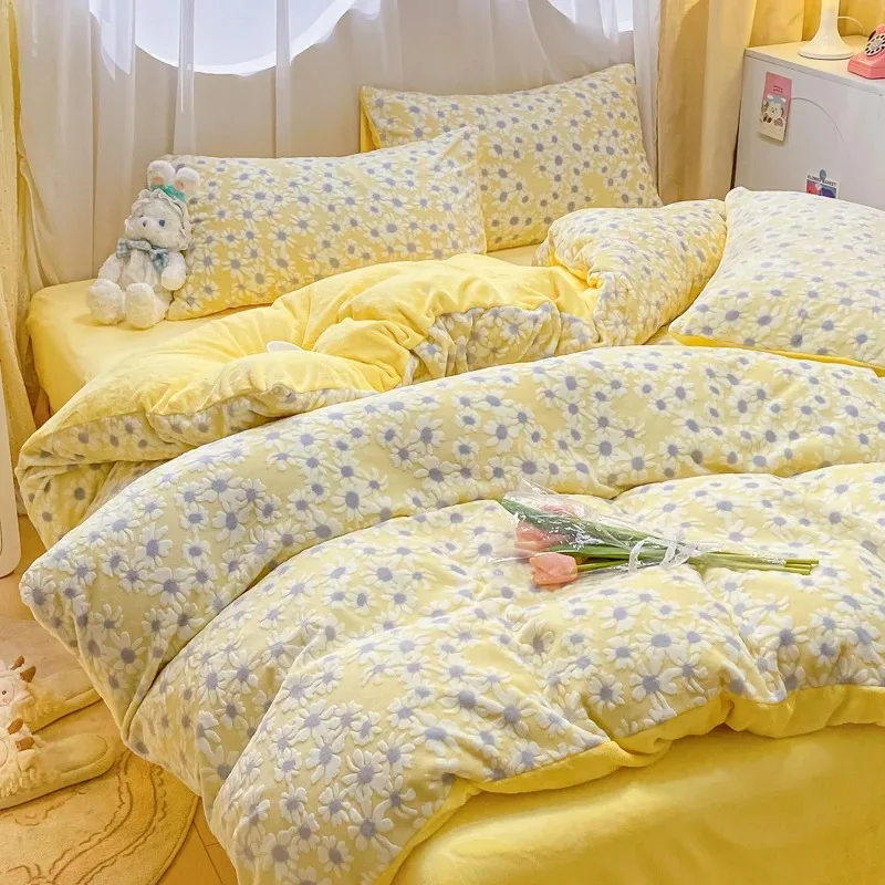 3/4pcs Winter Bed Sheets Set  Warm Milk Velvet Comforter Cover Double Side Flannel Bed Blanket 3D Carve Flower Bedding Set