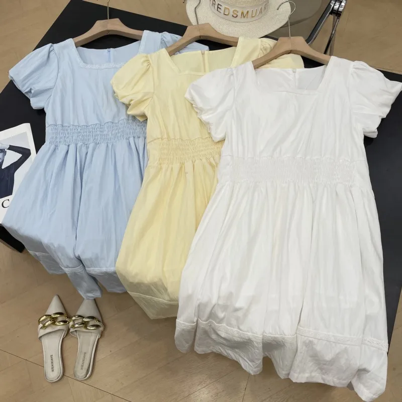 Vestido Tubo Recto Entallado, Color Puro, Cuello Cuad, Cintura Elástica, Manga Corta, Falda Midi, Estilo Simple, Vestido ...