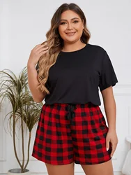 Plus Size Women's Pajama Set Solid Short Sleeve Top & Plaid Shorts 2 Pieces Female Sleepwear Screw Neck Nightwear Loungerwear