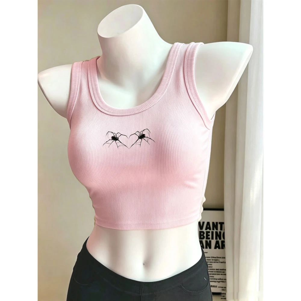 Two Spiders Forming Heart Dark Gothic Graphic Camisole Ribbed Tank Top Crop Y2k Top Female U Neck Sleeveless Tight Cropped Vest