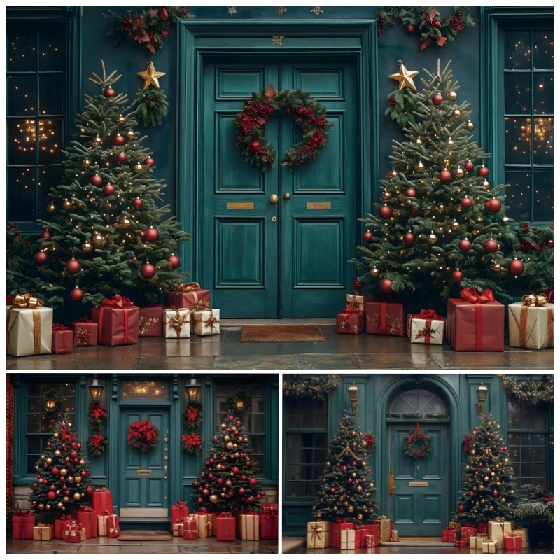 Merry Christmas Party Decor Backdrop Photography Vintage Green House XMAS Tree Wreath Kids Artistic Portrait Photo Background