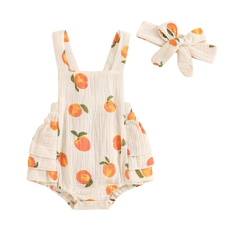 

Baby Girls Summer Romper Peach Print Sleeveless Square Neck Side Tiered Ruffled Jumpsuit Bow Headband