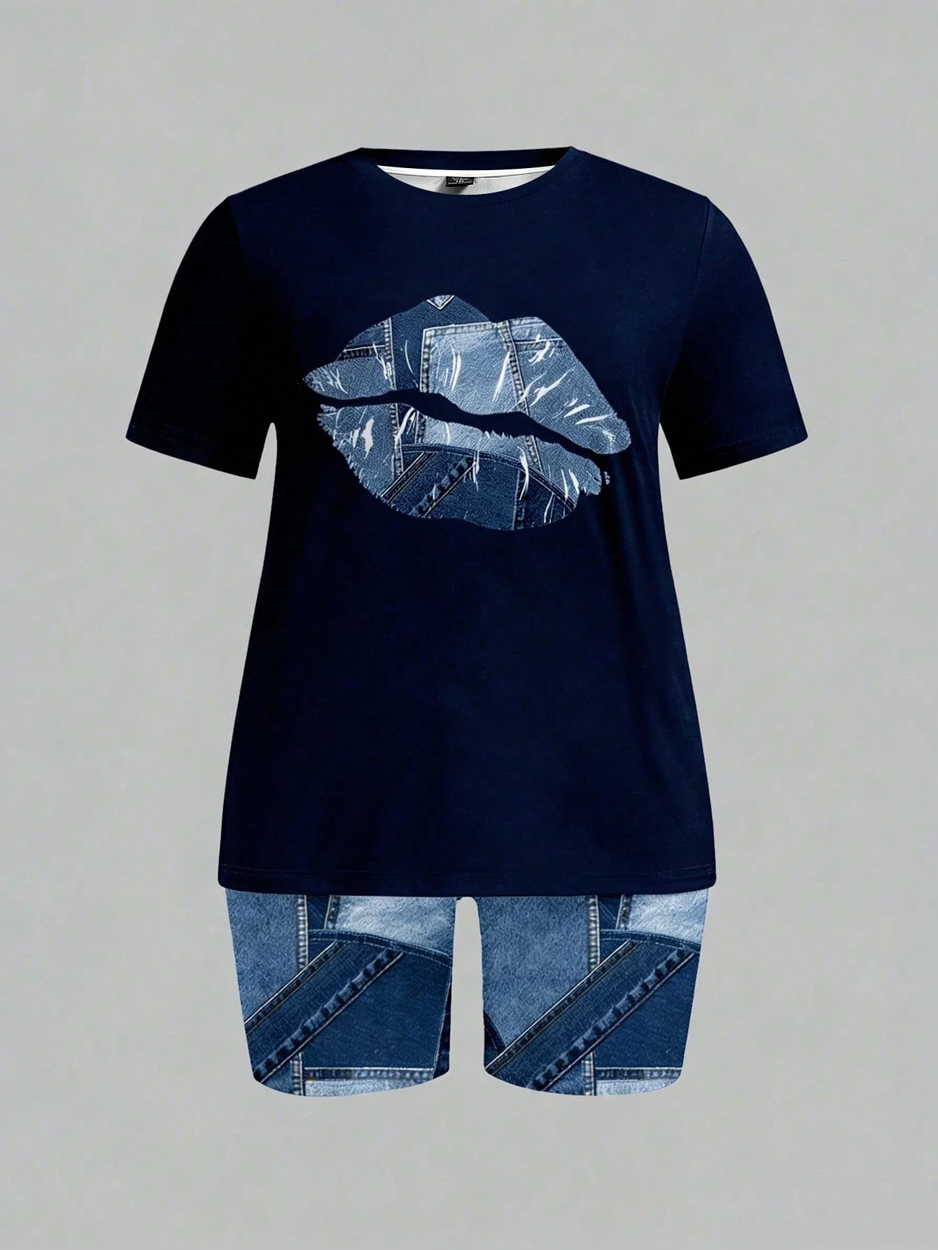 

Повседневный джинсовый комплект из 2 предметов с принтом губ для женщин, летний наряд