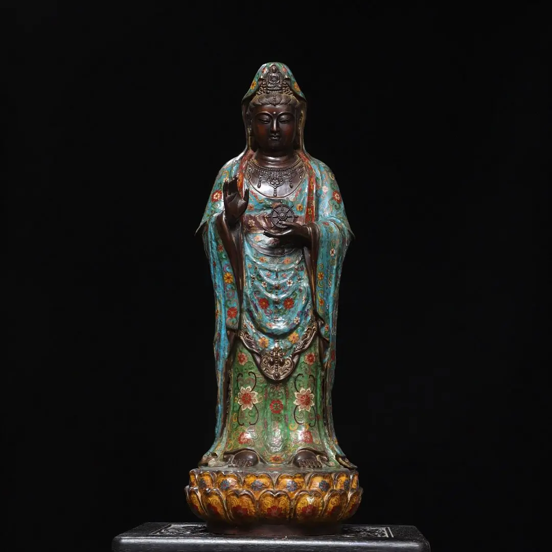 Large Cloisonne Guanyin Statue Brass Filigree Enamel Goddess of Mercy Vintage Home Altar Decor Handmade