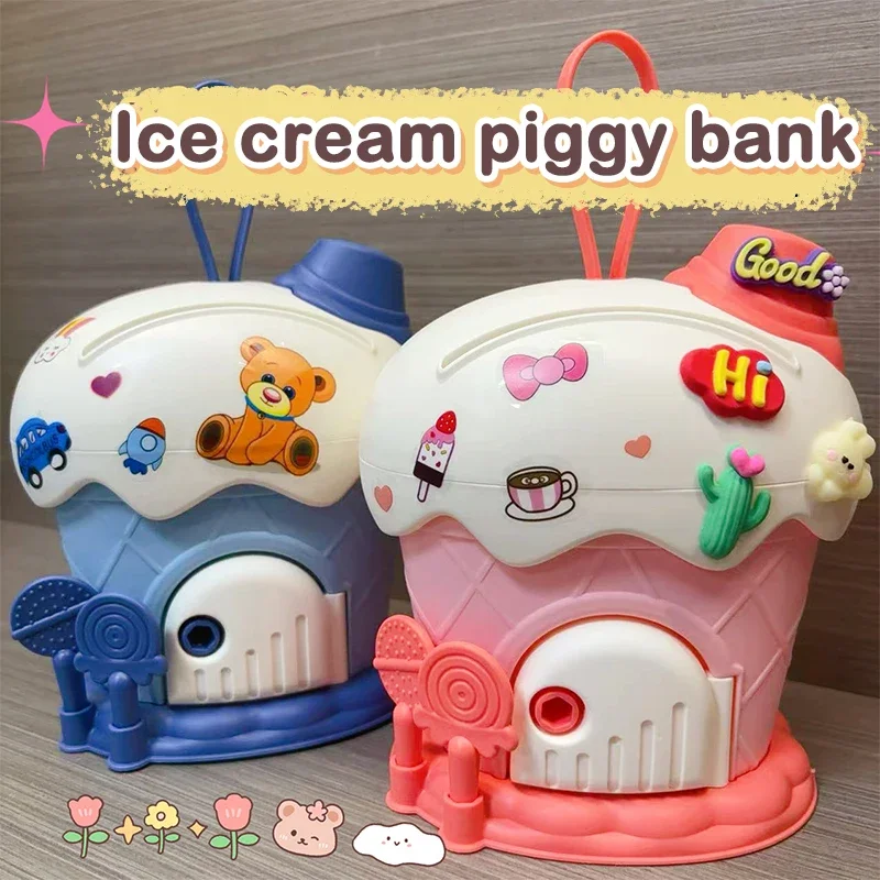 1 ensemble de tirelire de cabane de crème glacée, grande capacité, jouet pour enfants, autocollants de dessin animé, boîte d'économie d'argent avec clés, cadeau pour enfants